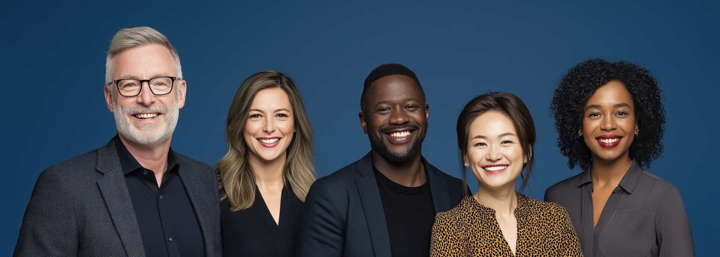 Gruppo di professionisti sorridenti in abiti formali.
